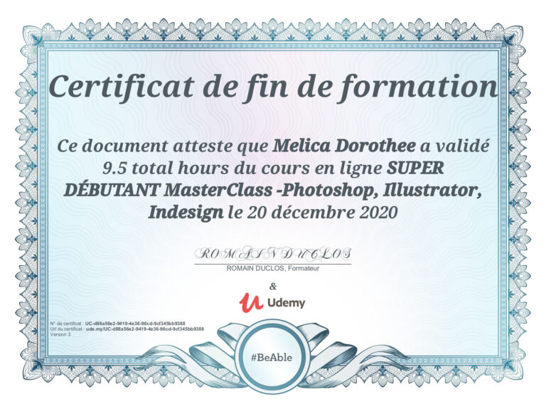 Certificat de fin de formation d'Udemy : Masterclass Créative Cloud: Photoshop, Illustrator et Indesign.