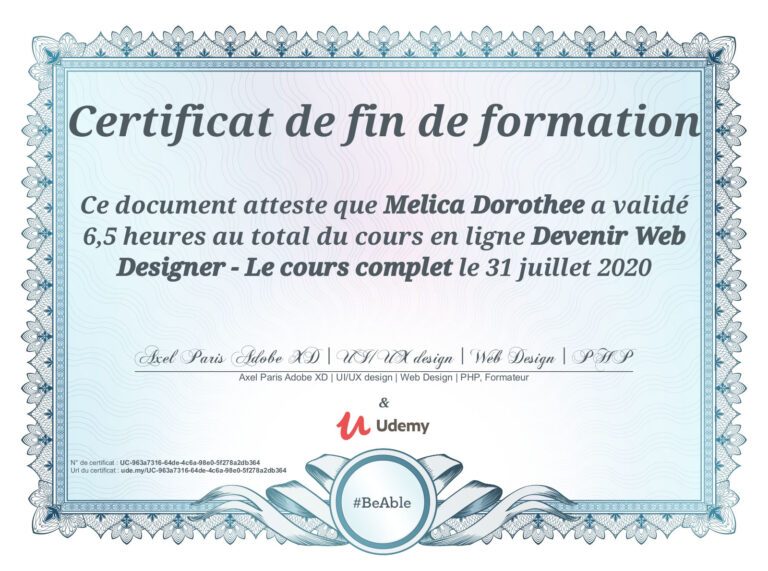 Certificat de fin de formation d'Udemy : devenir webdesigner