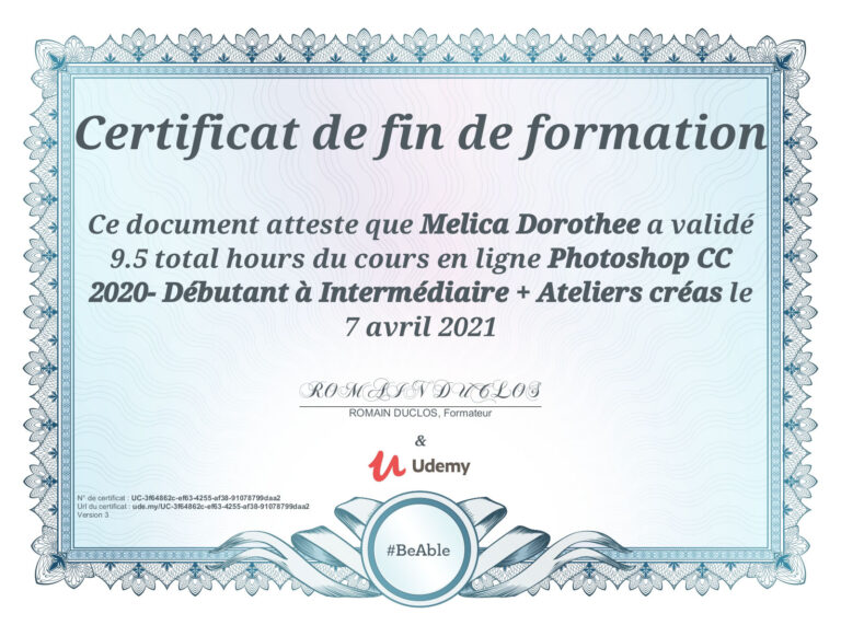Certificat de fin de formation d'Udemy : Photoshop de niveau débutant à intermédiaire.